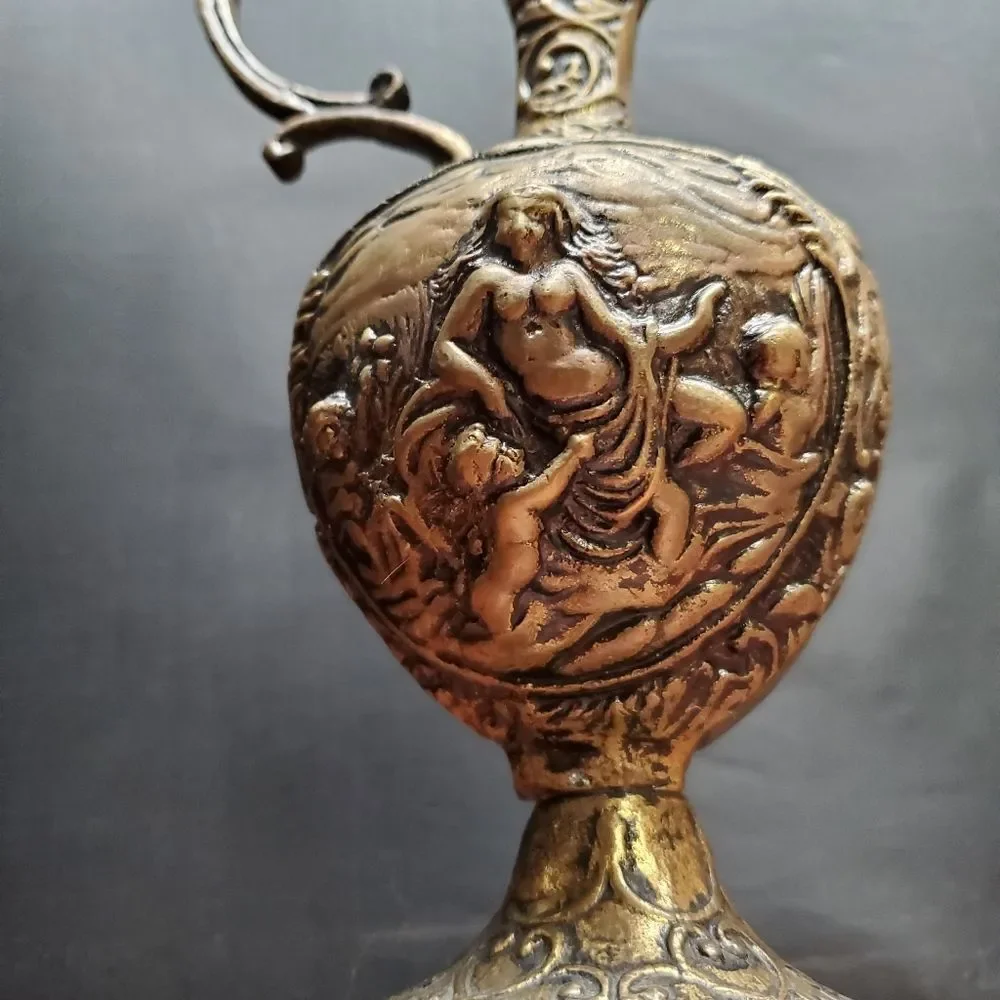 Antique Ornate Victorian Brass Cherub Ewer Pitcher Pair